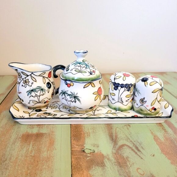 Temptations By Tara Birds Palm Cracker Tray Salt and Pepper Cream & Sugar Set - Picture 2 of 16